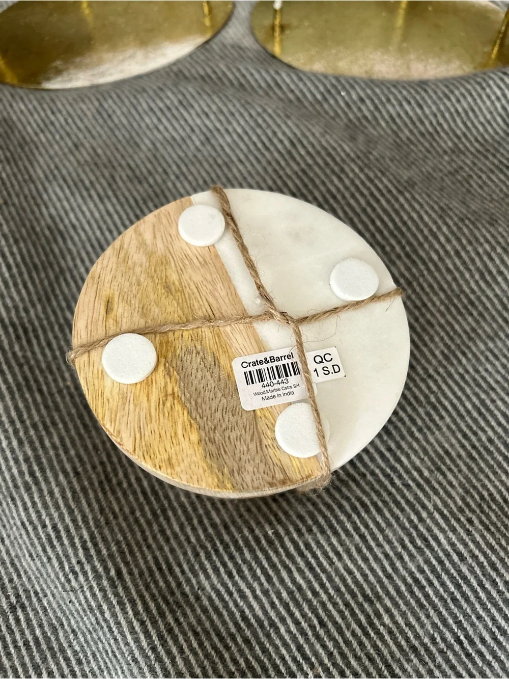 Set of 4 Marble and Wood Coaster Set w/Brass Inlay by Crate & Barrel *NEW